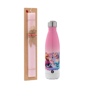 Elsa & Anna Princess, Easter Set, Metallic pink/white (Stainless steel) thermos, double-walled, 500ml & aromatic flat Easter candle (30cm) (PINK)