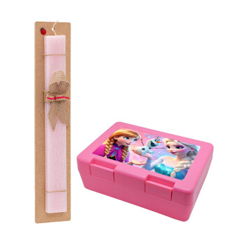 Elsa & Anna Princess, Easter Set, children's snack container PINK & scented flat Easter candle (30cm) (PINK)