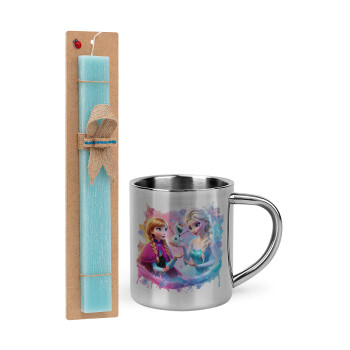 Elsa & Anna Princess, Easter Set, metallic thermal cup (300ml) & aromatic flat Easter candle (30cm) (TURQUOISE)