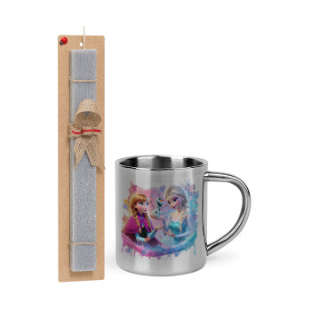 Elsa & Anna Princess, Easter Set, metallic thermal cup (300ml) & Easter aromatic flat candle (30cm) (GRAY)