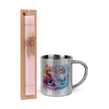 Elsa & Anna Princess, Easter Set, metallic thermal cup (300ml) & aromatic flat Easter candle (30cm) (PINK)