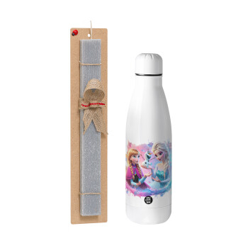 Elsa & Anna Princess, Easter Set, metallic stainless thermos bottle (500ml) & scented flat Easter candle (30cm) (GRAY)