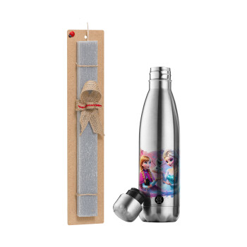 Elsa & Anna Princess, Easter Set, metallic stainless thermos flask (500ml) & scented flat Easter candle (30cm) (GRAY)