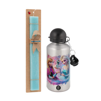 Elsa & Anna Princess, Easter Set, metallic silver aluminum water bottle (500ml) & scented flat Easter candle (30cm) (TURQUOISE)