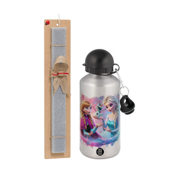 Elsa & Anna Princess, Easter Set, metallic silver aluminum water bottle (500ml) & aromatic flat Easter candle (30cm) (GRAY)