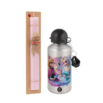 Elsa & Anna Princess, Easter Set, metallic Silver aluminum water bottle (500ml) & scented flat Easter candle (30cm) (PINK)