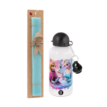 Elsa & Anna Princess, Easter Set, metallic aluminum water bottle (500ml) & scented flat candle (30cm) (TURQUOISE)