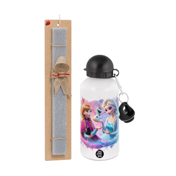 Elsa & Anna Princess, Easter Set, metallic aluminum water bottle (500ml) & aromatic flat Easter candle (30cm) (GRAY)