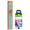 Easter Set, Children's thermal stainless steel bottle with safety straw, green/blue (350ml) & aromatic flat Easter candle (30cm) (TURQUOISE)