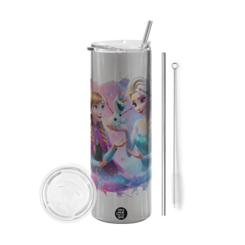 Elsa & Anna Princess, Tumbler stainless steel Silver 600ml, with metal straw & cleaning brush