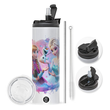 Elsa & Anna Princess, Travel Tumbler 2 Lids, with metal straw & cleaning brush (Stainless steel 304 Food grade, BPA free, 600ml)