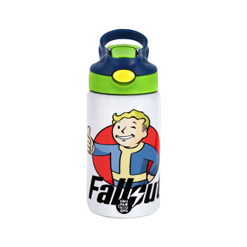 Fallout Vault Boy, Children's hot water bottle, stainless steel, with safety straw, green, blue (350ml)