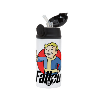 Fallout Vault Boy, Children's hot water bottle, stainless steel, with safety straw, Black (360ml) BPA-FREE