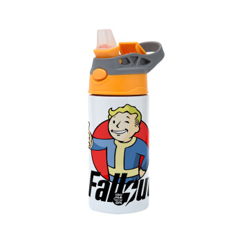 Fallout Vault Boy, Children's hot water bottle, stainless steel, with safety straw, Orange/Grey (360ml) BPA-FREE