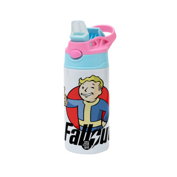 Fallout Vault Boy, Children's hot water bottle, stainless steel, with safety straw, Pink/BlueCiel (360ml) BPA FREE