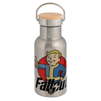 Fallout Vault Boy, Stainless steel metallic thermos flask, silver with a bamboo lid, double-walled, 350ml.