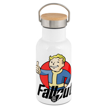 Fallout Vault Boy, Μεταλλικό παγούρι θερμός (Stainless steel) Λευκό με ξύλινο καπακι (bamboo), διπλού τοιχώματος, 350ml