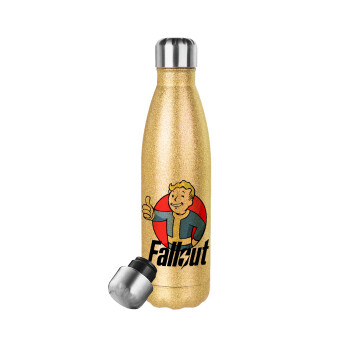 Fallout Vault Boy, Μεταλλικό παγούρι θερμός Glitter χρυσό (Stainless steel), διπλού τοιχώματος, 500ml