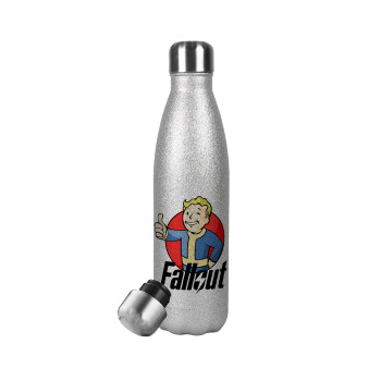 Fallout Vault Boy, Μεταλλικό παγούρι θερμός Glitter Aσημένιο (Stainless steel), διπλού τοιχώματος, 500ml