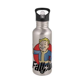 Fallout Vault Boy, Παγούρι νερού Ασημένιο με καλαμάκι, ανοξείδωτο ατσάλι 600ml