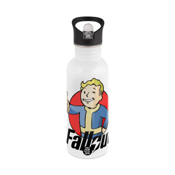 Fallout Vault Boy, White water bottle with straw, stainless steel 600ml