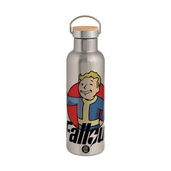 Fallout Vault Boy, Μεταλλικό παγούρι θερμός (Stainless steel) Ασημένιο με ξύλινο καπακι (bamboo), διπλού τοιχώματος, 750ml