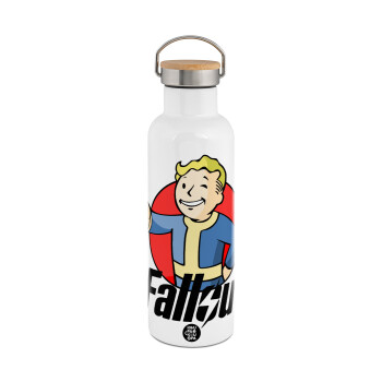 Fallout Vault Boy, Μεταλλικό παγούρι θερμός (Stainless steel) Λευκό με ξύλινο καπακι (bamboo), διπλού τοιχώματος, 750ml