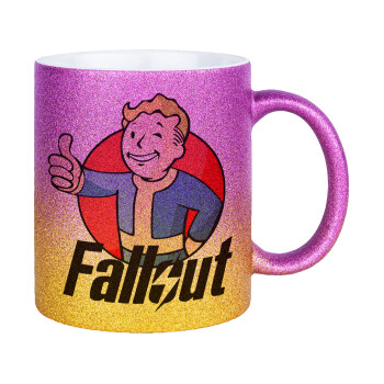 Fallout Vault Boy, Κούπα Χρυσή/Ροζ Glitter, κεραμική, 330ml