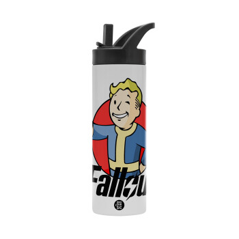 Fallout Vault Boy, Metallic thermos bottle with straw & handle, stainless steel (Stainless steel 304), double-walled, 600ml.