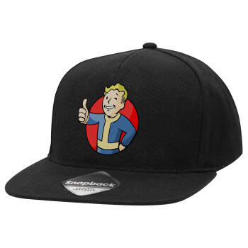 Fallout Vault Boy, Adult Flat Snapback Hat Black, (100% COTTON TWILL, ADULT, UNISEX, ONE SIZE)