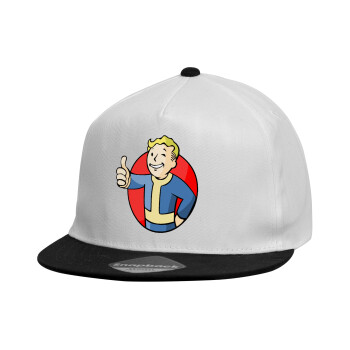 Fallout Vault Boy, Child's Flat Snapback Hat, White (100% COTTON, CHILDREN'S, UNISEX, ONE SIZE)