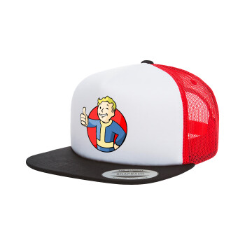 Fallout Vault Boy, Adult Foam Flat Snapback with Mesh Black-White-Red (POLYESTER, ADULT, UNISEX, ONE SIZE)