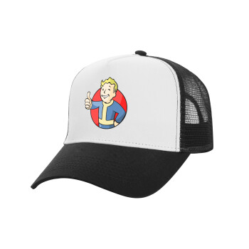 Fallout Vault Boy, Adult Structured Trucker Hat, with Mesh, WHITE/BLACK (100% COTTON, ADULT, UNISEX, ONE SIZE)