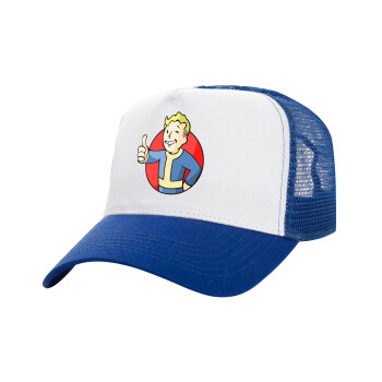 Fallout Vault Boy, Adult Structured Trucker Hat, with Mesh, WHITE/BLUE (100% COTTON, ADULT, UNISEX, ONE SIZE)