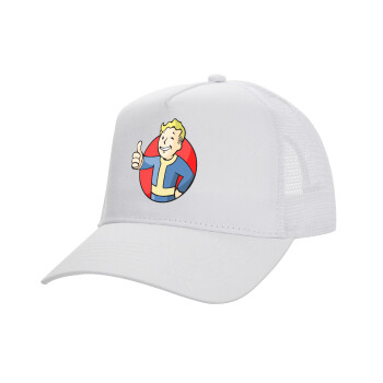 Fallout Vault Boy, Structured Trucker Adult Hat, with Mesh, WHITE (100% COTTON, ADULT, UNISEX, ONE SIZE)