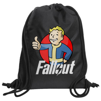 Fallout Vault Boy, Τσάντα πλάτης πουγκί GYMBAG Μαύρη, με τσέπη (40x48cm) & χονδρά κορδόνια