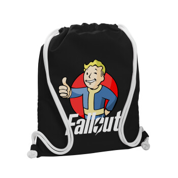 Fallout Vault Boy, Τσάντα πλάτης πουγκί GYMBAG Μαύρη, με τσέπη (40x48cm) & χονδρά λευκά κορδόνια