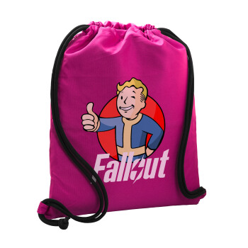 Fallout Vault Boy, Τσάντα πλάτης πουγκί GYMBAG Φούξια, με τσέπη (40x48cm) & χονδρά κορδόνια