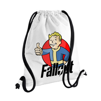 Fallout Vault Boy, Τσάντα πλάτης πουγκί GYMBAG λευκή, με τσέπη (40x48cm) & χονδρά κορδόνια