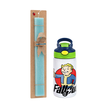 Fallout Vault Boy, Easter Set, Children's thermal stainless steel bottle with safety straw, green/blue (350ml) & aromatic flat Easter candle (30cm) (TURQUOISE)