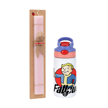 Fallout Vault Boy, Easter Set, Children's thermal stainless steel water bottle with safety straw, pink/purple (350ml) & Easter scented flat candle (30cm) (PINK)