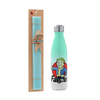 Fallout Vault Boy, Easter Set, Metallic green/white thermos (Stainless steel), double-walled, 500ml & scented flat Easter candle (30cm) (TURQUOISE)