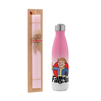 Fallout Vault Boy, Easter Set, Metallic pink/white (Stainless steel) thermos, double-walled, 500ml & aromatic flat Easter candle (30cm) (PINK)