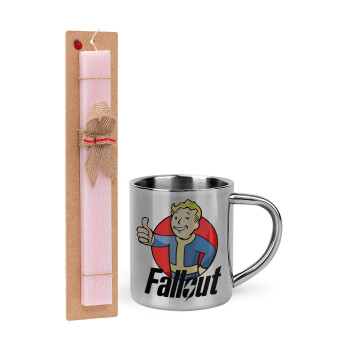 Fallout Vault Boy, Πασχαλινό Σετ, μεταλλική κούπα θερμό (300ml) & πασχαλινή λαμπάδα αρωματική πλακέ (30cm) (ΡΟΖ)