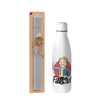 Fallout Vault Boy, Πασχαλινό Σετ, μεταλλικό παγούρι Inox (700ml) & πασχαλινή λαμπάδα αρωματική πλακέ (30cm) (ΓΚΡΙ)