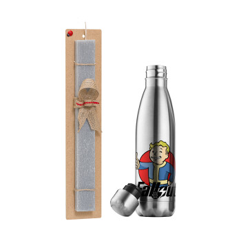 Fallout Vault Boy, Easter Set, metallic stainless thermos flask (500ml) & scented flat Easter candle (30cm) (GRAY)