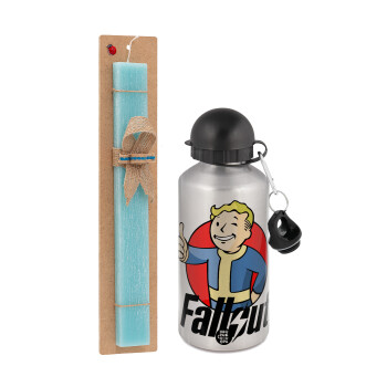 Fallout Vault Boy, Easter Set, metallic silver aluminum water bottle (500ml) & scented flat Easter candle (30cm) (TURQUOISE)