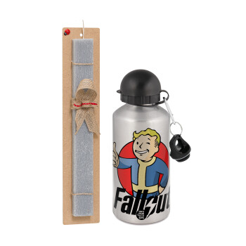 Fallout Vault Boy, Πασχαλινό Σετ, παγούρι μεταλλικό Ασημένιο αλουμινίου (500ml) & πασχαλινή λαμπάδα αρωματική πλακέ (30cm) (ΓΚΡΙ)