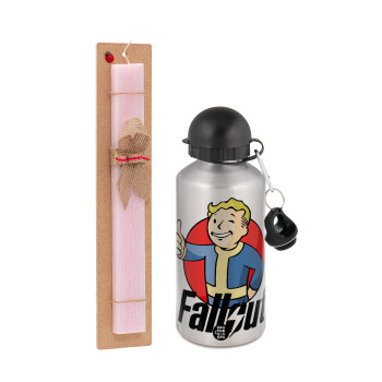 Fallout Vault Boy, Easter Set, metallic Silver aluminum water bottle (500ml) & scented flat Easter candle (30cm) (PINK)