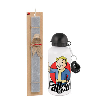 Fallout Vault Boy, Easter Set, metallic aluminum water bottle (500ml) & aromatic flat Easter candle (30cm) (GRAY)